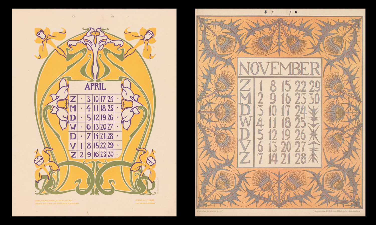blad [calendar page with daffodils for April, titled ‘Flower and leaf], ca. 1904, colour lithography on paper, 250 mm x 307 mm, Collectie Rijksmuseum, https://id.rijksmuseum.nl/200295875.